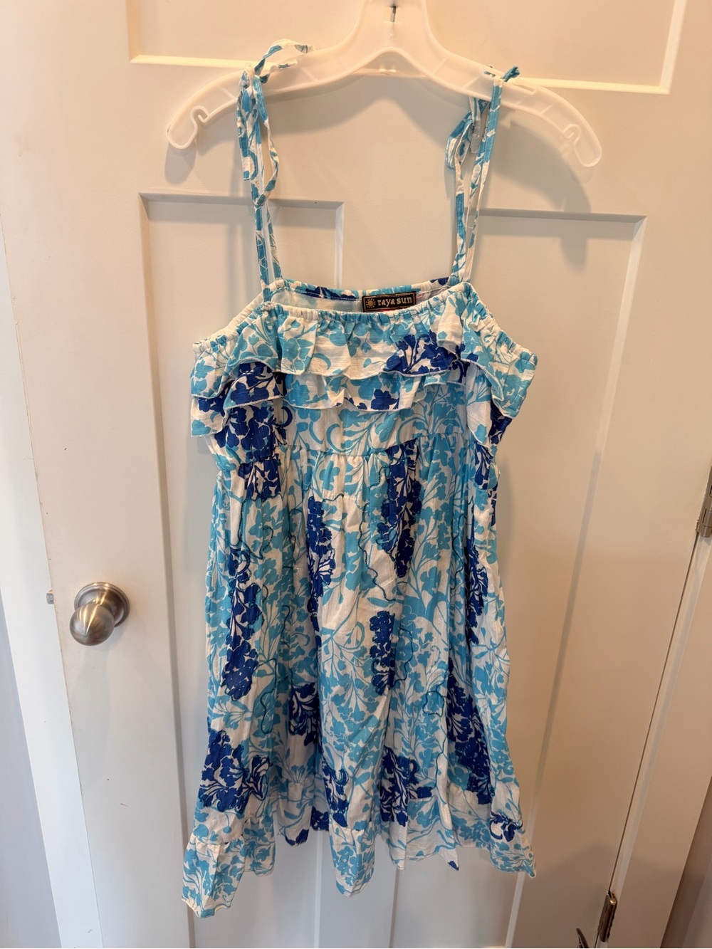 NWT Raya Sun Medium Blue Floral Cotton Ruffle Tie Strap Sundress